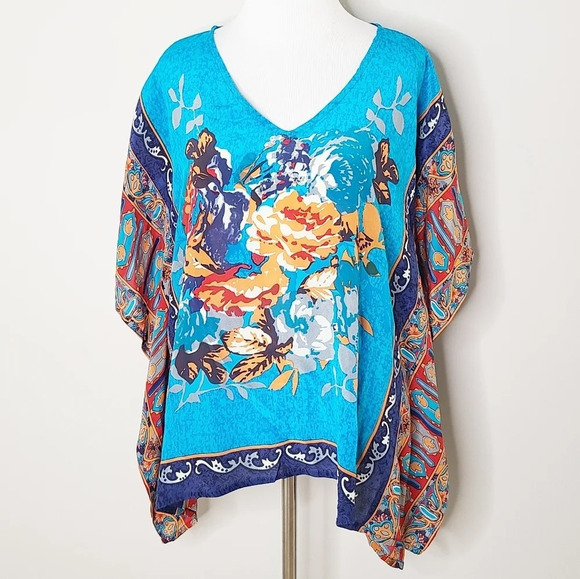 Tolani Boho Blue Silk Handkerchief Floral Top S - Picture 1 of 6